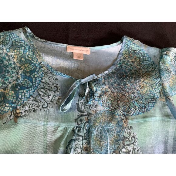 Christopher & Banks Womens Size Large Blue Patterned Polyester Blouse Beaded Det - Picture 7 of 14